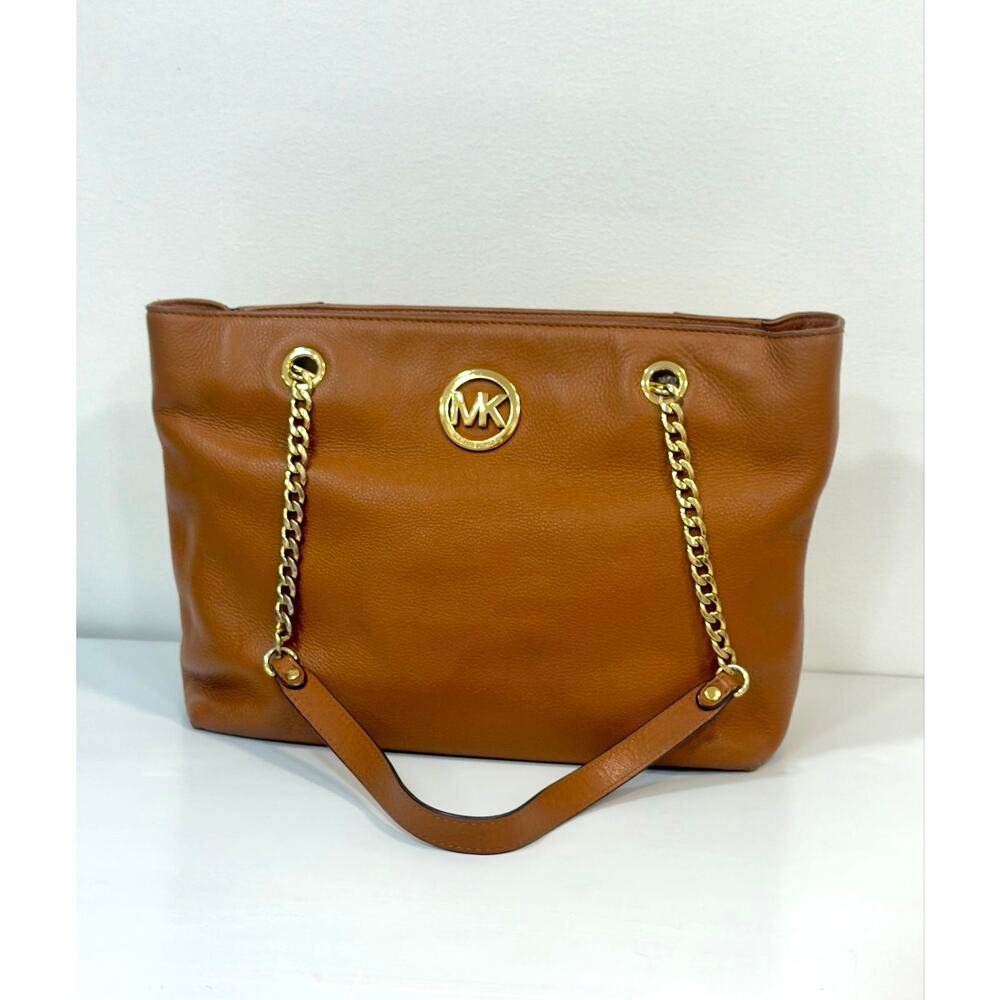Michael Kors Fulton Large Chain Shoulder Tote Bag Luggage Brown